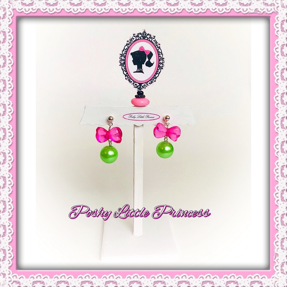 Kawaii Ribbon & Pearl Dangles Pink/Green